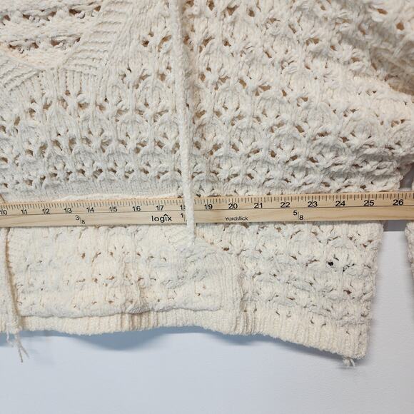 POL Flare Sleeve Oversized Sweater Size L Cream Crop Pointelle Hooded Chenille - Picture 7 of 14